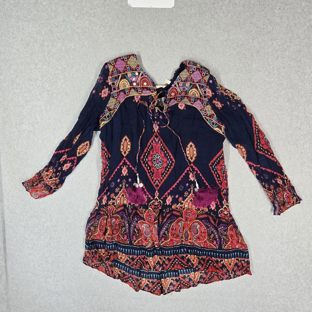 Soft Surroundings Women Blouse L Navy Floral Embroidered Iskra Beaded Tunic